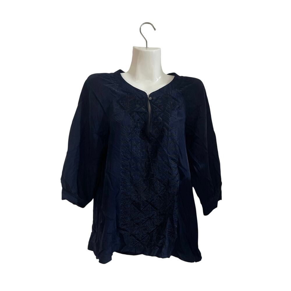 Theory Reiba Navy Blue Silk Embroidered Boho Tunic Blouse SZ P Boho Casual